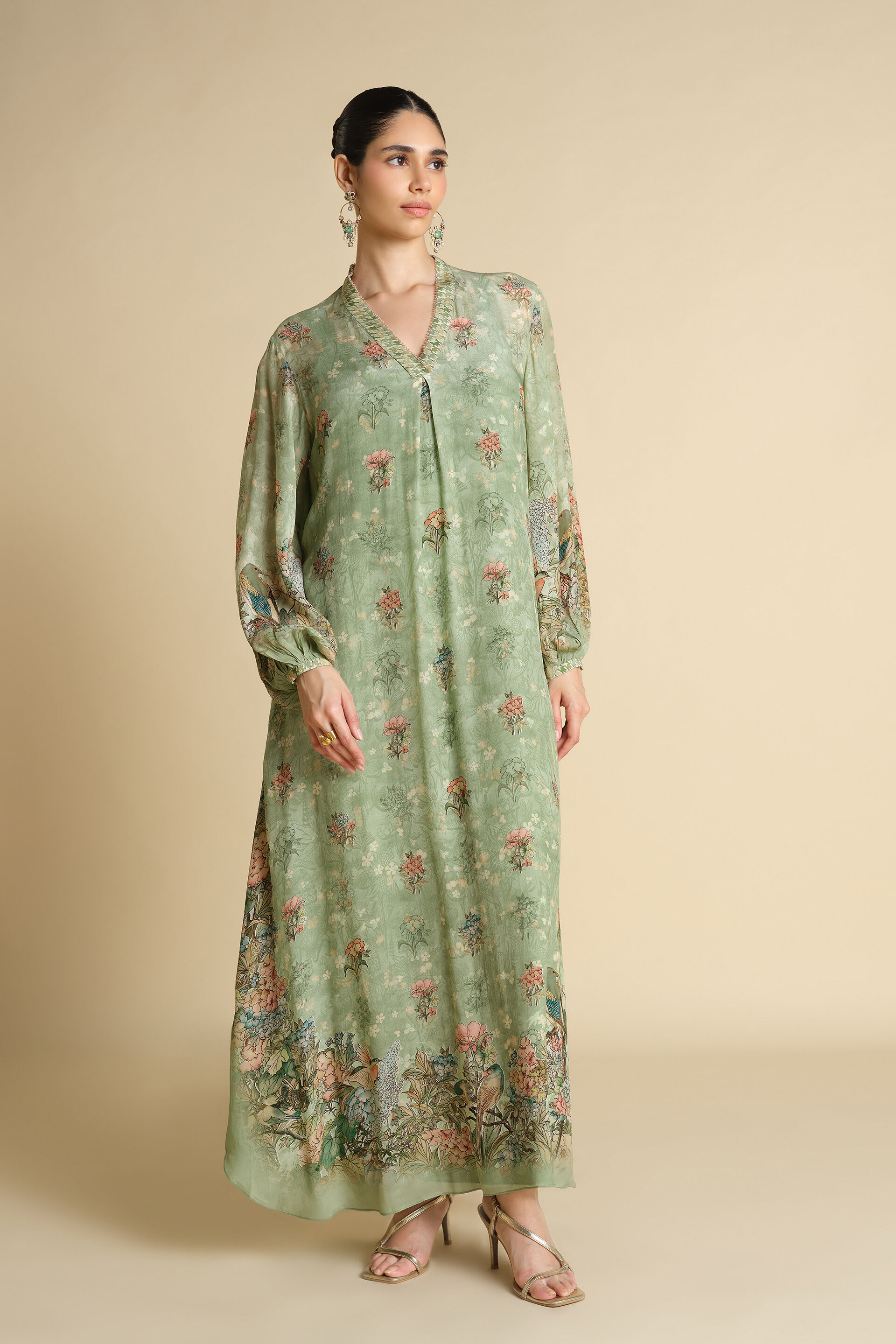 Fareeha Printed Kaftan - Sage